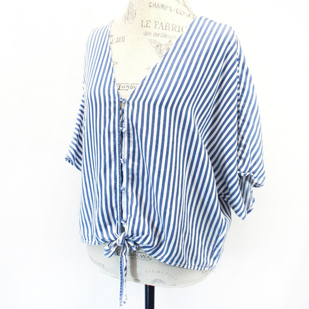 Paige striped nautical tencel blouse top button V-Neck Medium